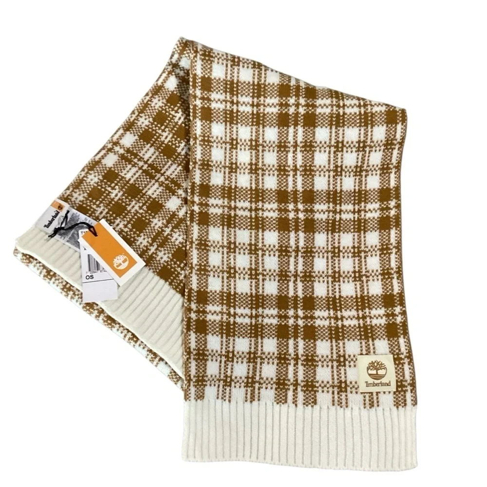 Timberland Buffalo Plaid Knit Scarf in Camel and Cream. Unisex. NWT